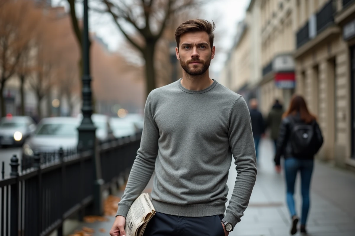 Homme pensif dans la rue fixant une femme au loin sans oser l'aborder, regard contemplatif et hésitant