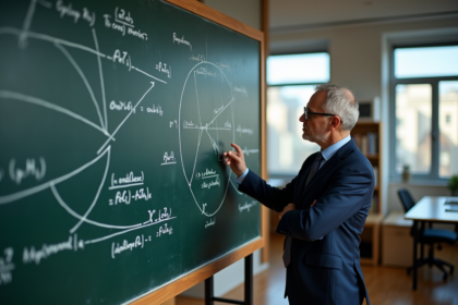 Homme d'âge moyen en costume navy analysant des équations quantiques