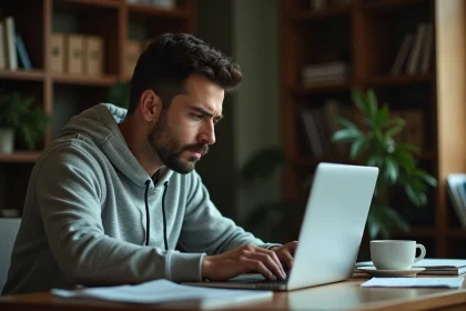 Homme cherchant l'adresse Fourtoutici sur son ordinateur portable dans un bureau à domicile