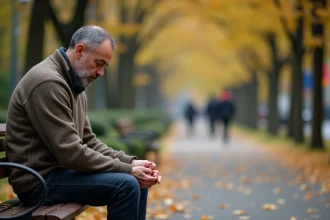 Homme d'âge moyen assis seul sur un banc dans un parc en automne