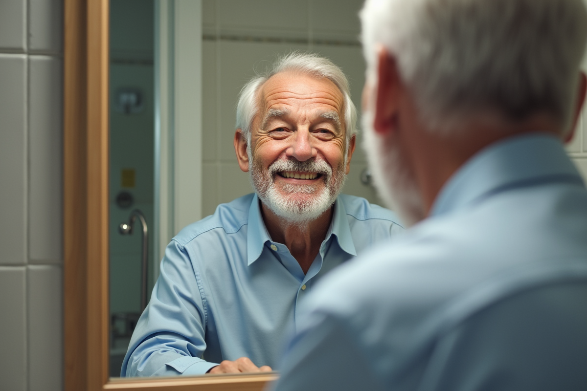 Homme senior examine sa dentition dans sa salle de bain