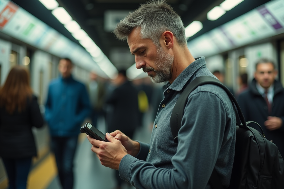 Homme d age moyen dans le métro stressé et fatigué