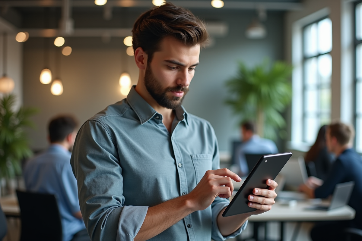 Jeune homme entre des données de facture sur une tablette dans un espace coworking