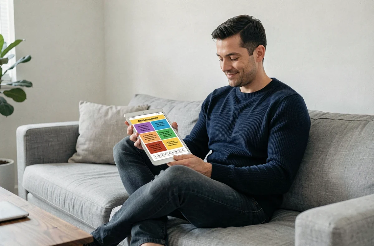 Homme jouant à 4 images 1 mot sur tablette et cherchant un mot de 7 lettres dans son salon