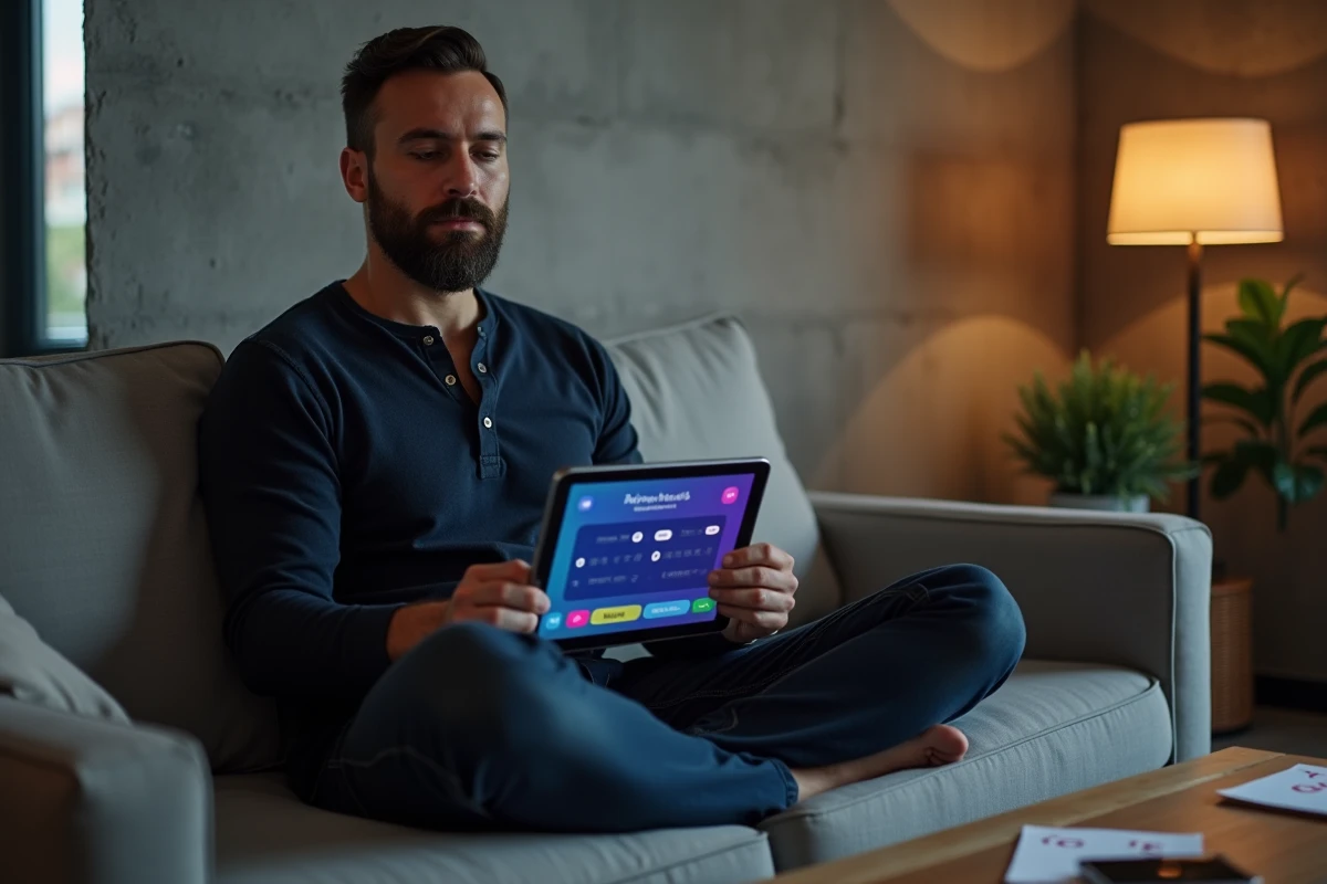 Homme barbu utilisant une tablette pour analyser des stratégies avancées sur un jeu de mots du jour dans un salon moderne