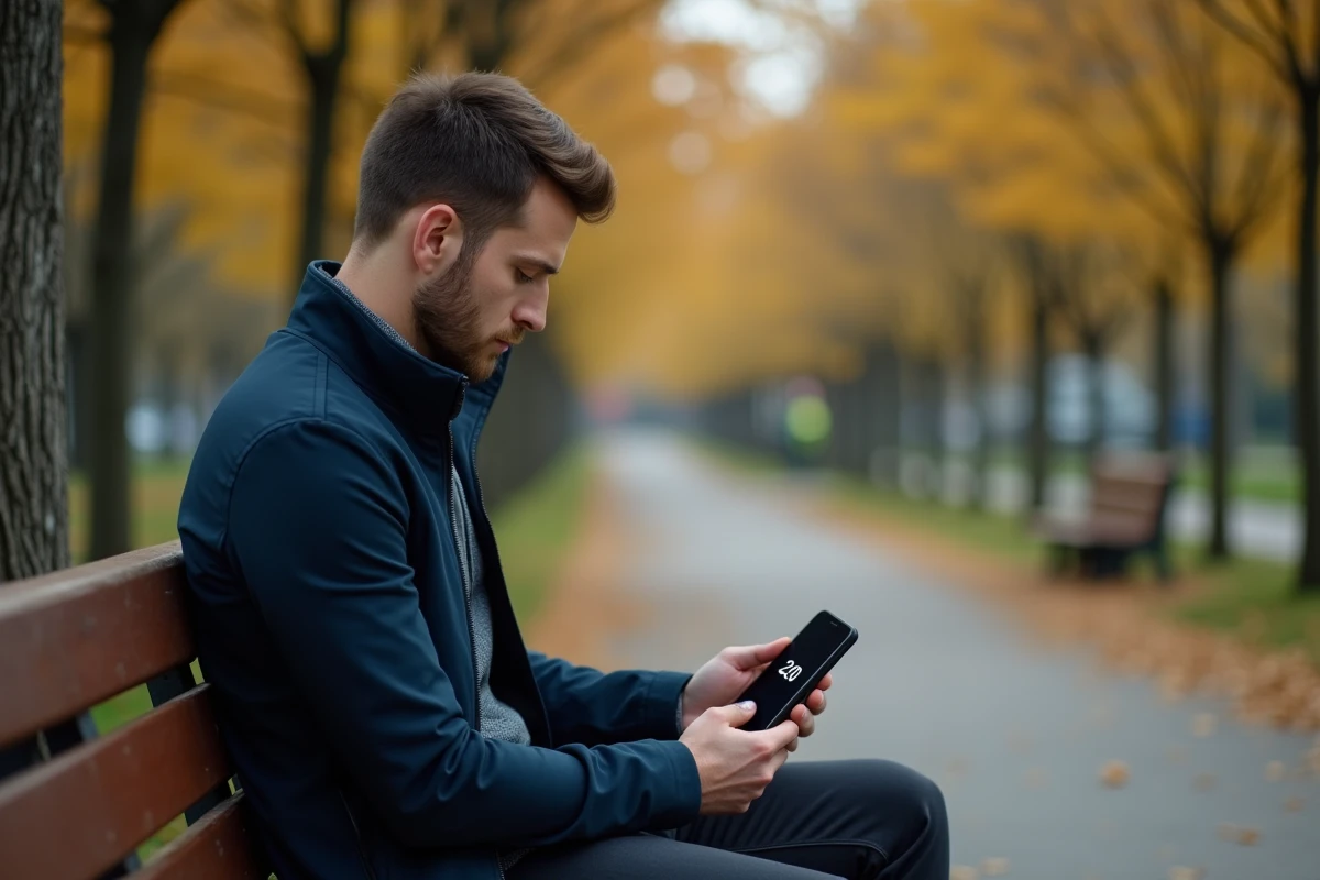 Homme seul sur un banc regardant son téléphone affichant 20h20, réflexion sur l'amour et les heures miroirs