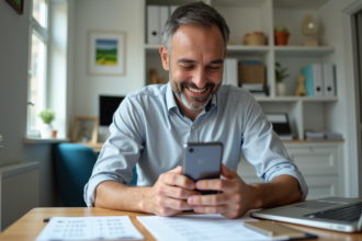 Homme souriant utilisant son téléphone dans un bureau pratique