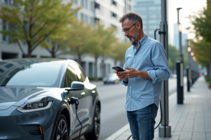 Homme d'âge moyen près d'une voiture électrique en ville