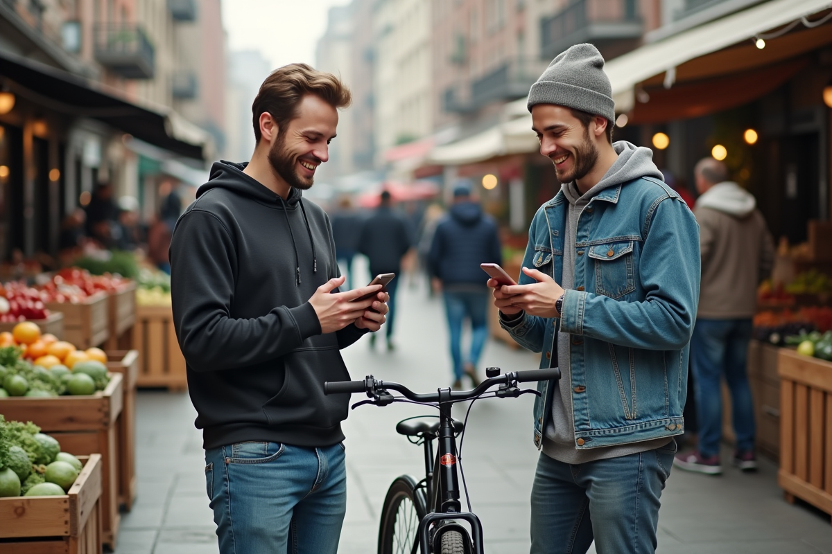 Deux hommes au marché avec vélos et smartphones