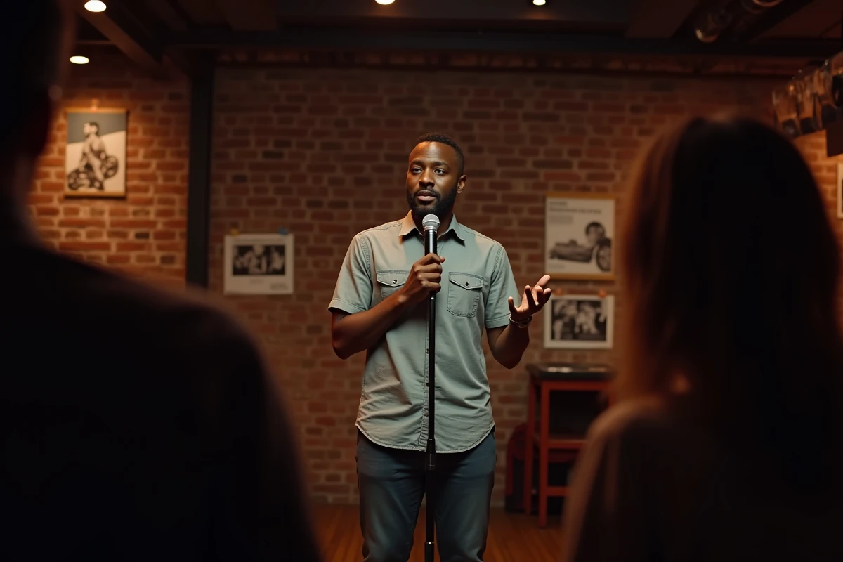 Humoriste sur scène dans un club de comédie, illustrant la question des limites entre humour et propos racistes