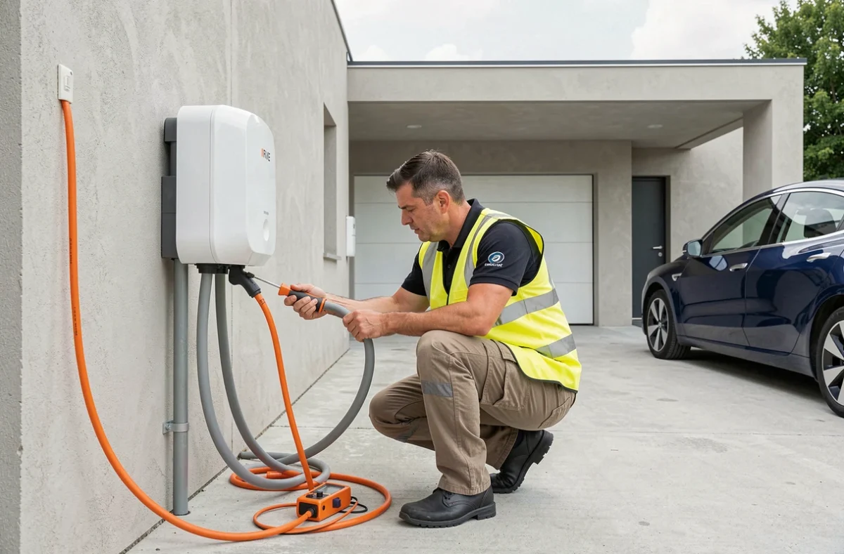 Électricien certifié installant une borne de recharge IRVE dans le carport d'une maison en Vendée