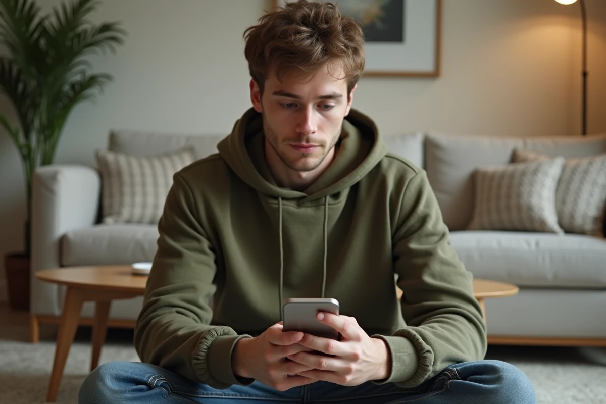Jeune adulte consultant les paramètres de confidentialité d'une application sur son smartphone depuis son canapé