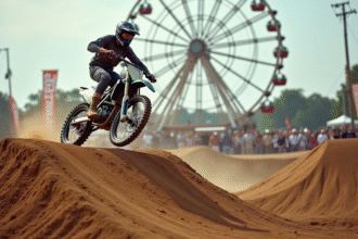 Jeune homme en motocross sur un dirt jump lors d'un festival