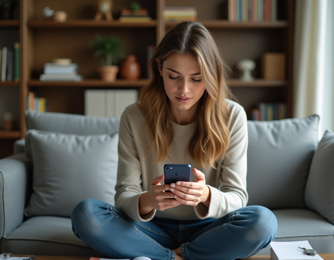 Jeune femme sur son canapé consultant une application de petites annonces sur smartphone, hésitante face à une offre trop belle pour être vraie