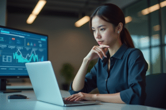 Jeune femme concentrée travaillant sur un ordinateur en bureau moderne