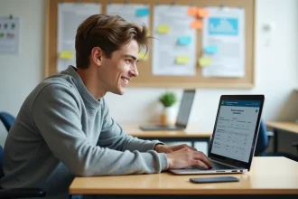 Jeune adulte souriant au bureau avec ordinateur et simulateur
