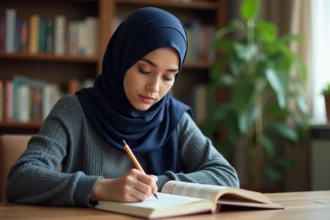 Jeune femme en hijab lisant un Quran dans un salon lumineux