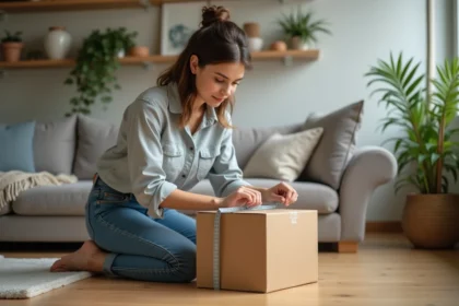 Jeune femme mesurant un carton dans un salon moderne