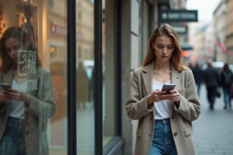 Jeune femme en blazer et jeans dans la ville