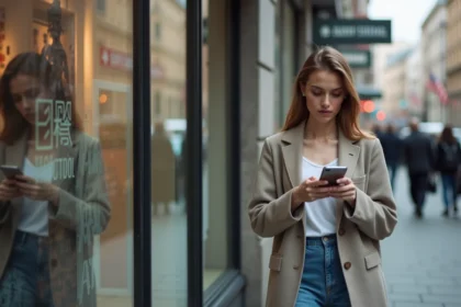 Jeune femme en blazer et jeans dans la ville