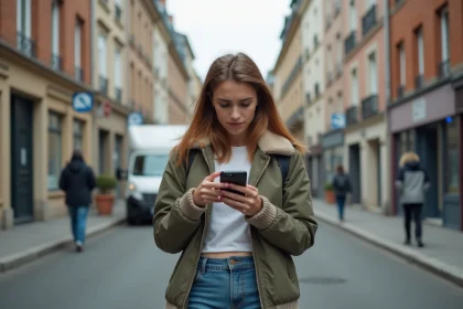 Jeune femme dans la rue regardant son smartphone