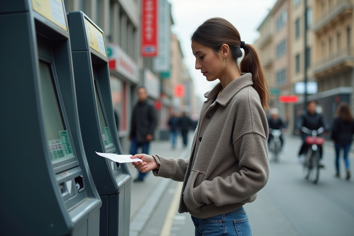 Jeune femme regardant une machine à tickets dans la rue urbaine