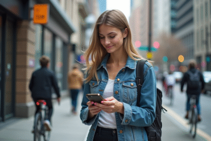 Jeune femme en ville vérifiant son téléphone dans un environnement urbain dynamique