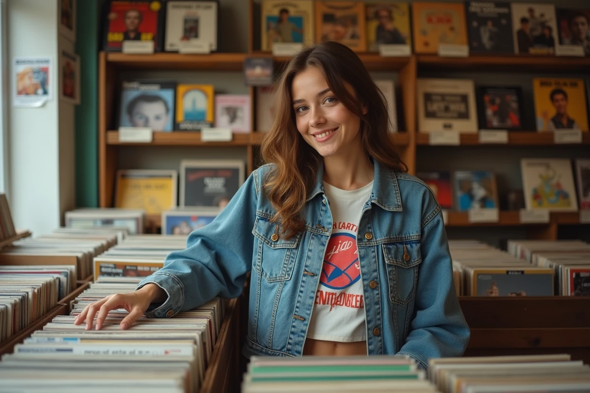 Jeune femme de moins de 30 ans dans un magasin de vinyles, découvrant les disques d'un chanteur français des années 80