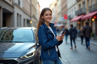 Jeune femme avec smartphone et voiture compacte en ville