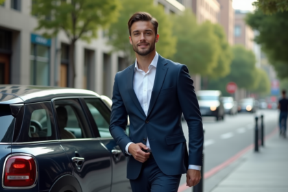 Jeune homme d'affaires sortant d'une voiture moderne en ville