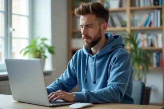 Jeune homme concentré sur son ordinateur dans un bureau moderne