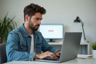 Jeune homme en denim face à un ordinateur avec erreur