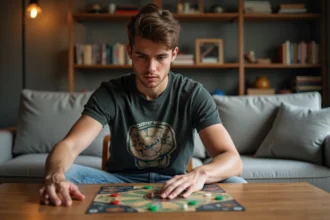 Jeune homme concentré jouant à Captain Ludd dans un salon cosy