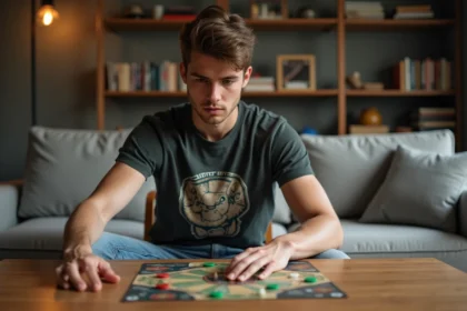 Jeune homme concentré jouant à Captain Ludd dans un salon cosy