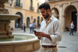 Jeune homme nord-africain contemplant son smartphone à Narbonne
