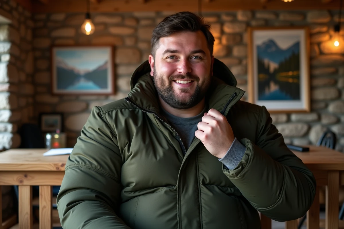 Jeune homme en parka vert dans une cabane chaleureuse