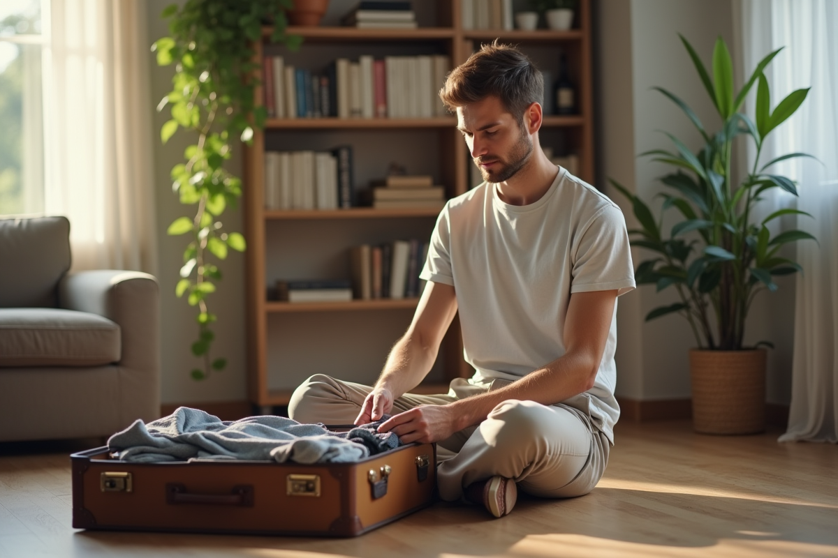 Jeune homme pliant des vêtements dans une valise vintage dans un salon