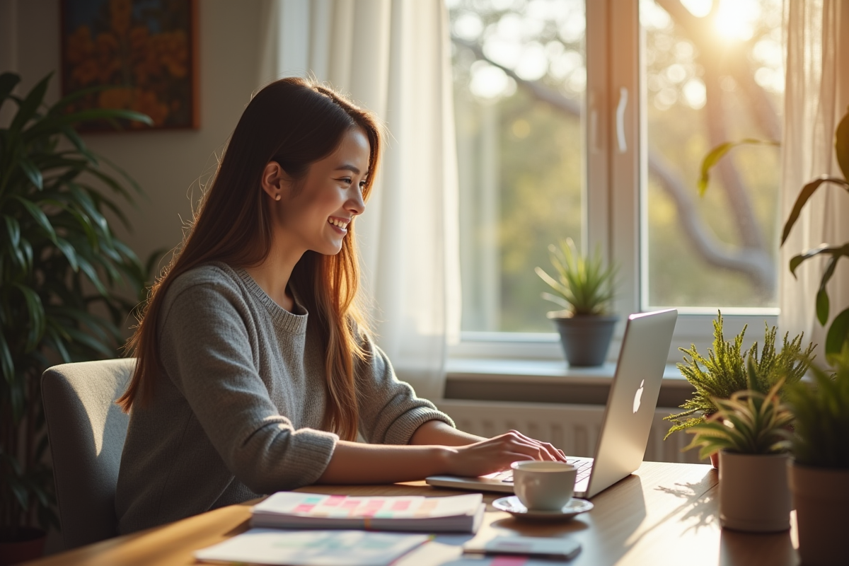Jeune professionnel travaillant chez lui avec un sourire