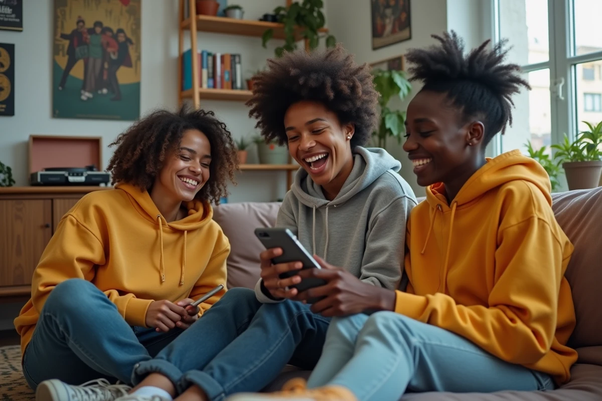 Groupe de jeunes adultes réunis dans un appartement parisien, chantant un tube d'un artiste français des années 80