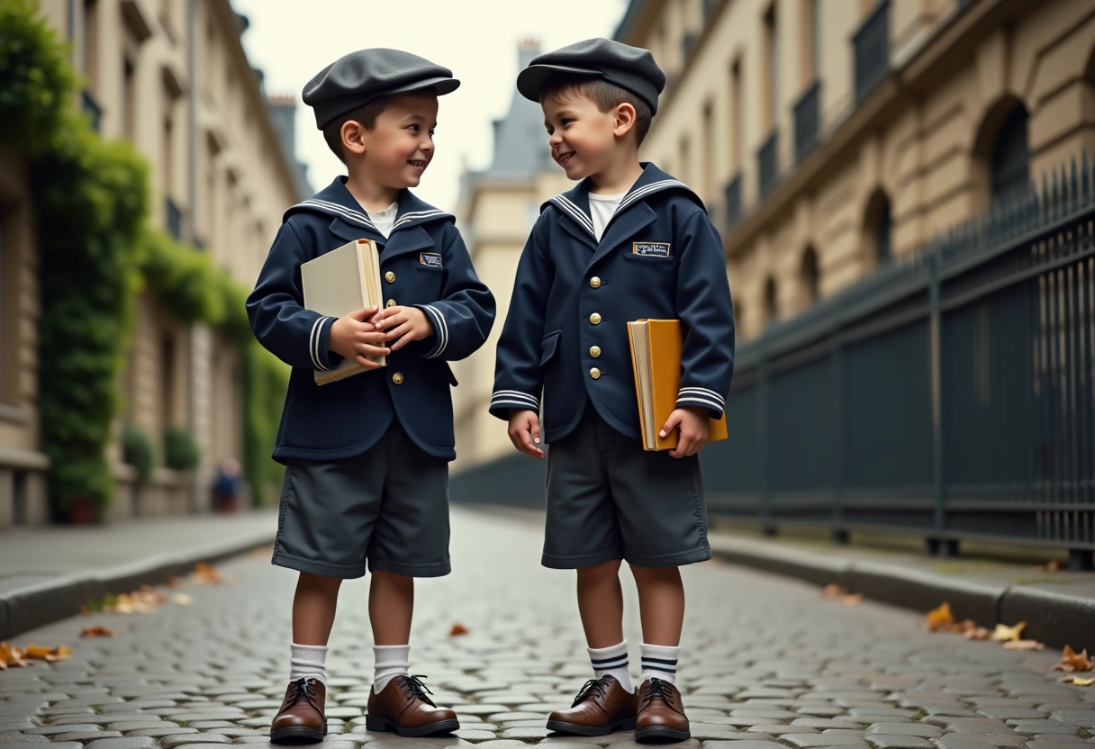 Deux jeunes garçons en costume marin dans une rue pavée