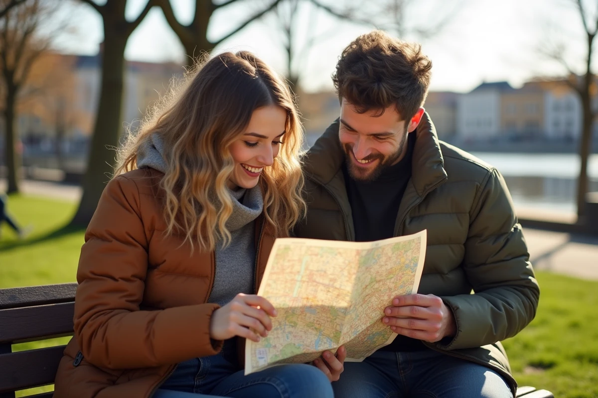 Jeunes regardant une carte de Toulouse dans un parc urbain