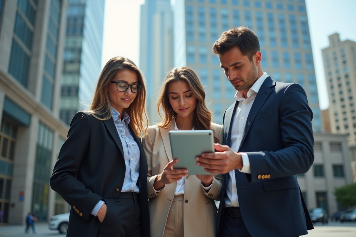 Jeunes professionnels vérifiant des données en extérieur