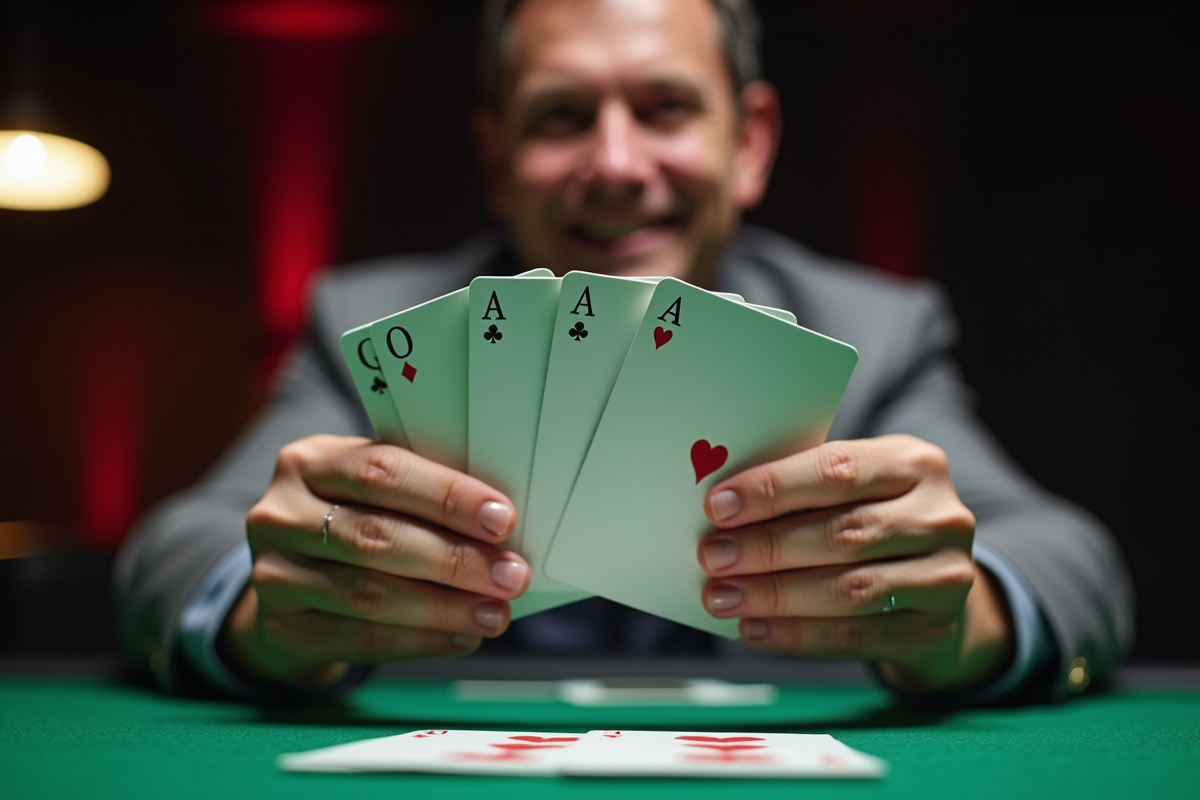 Joueur confiant montrant sa main de cartes gagnantes