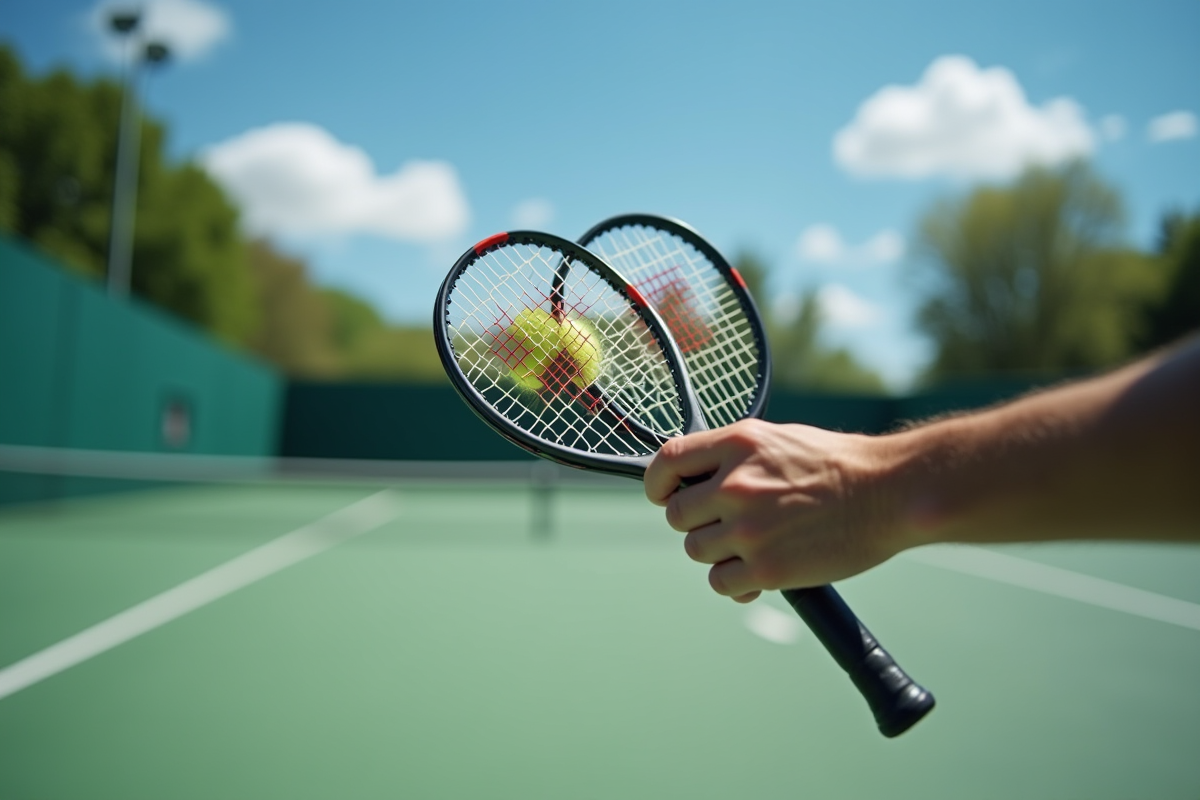 Joueur de tennis compare deux raquettes sur court