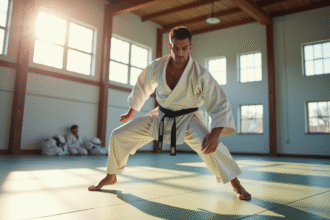 Judoka en blanc en pleine technique de throw dans un dojo lumineux