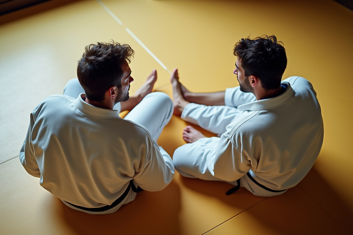 Deux judokas discutant après l entraînement sur le tatami en lumière naturelle