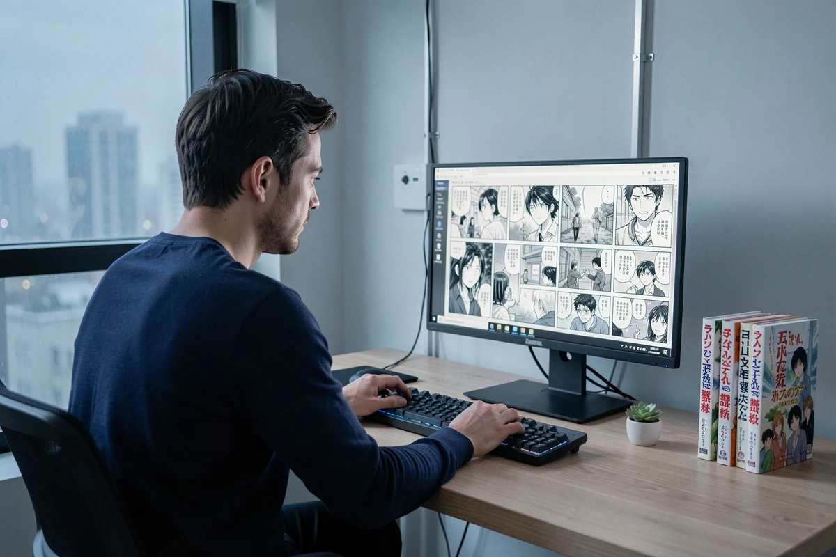 Homme adulte lisant des mangas en ligne sur un grand écran dans un bureau minimaliste à domicile