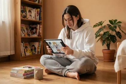 Jeune femme lisant des mangas sur une tablette entourée de volumes physiques dans une chambre cosy