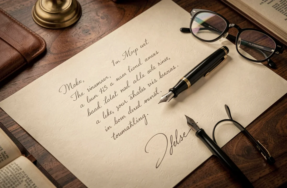 Gros plan d'une lettre formelle manuscrite pour avocat avec stylo plume et accessoires de bureau juridique