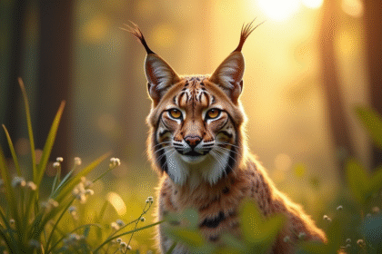 Lynx eurasien debout dans la foret ensoleillee